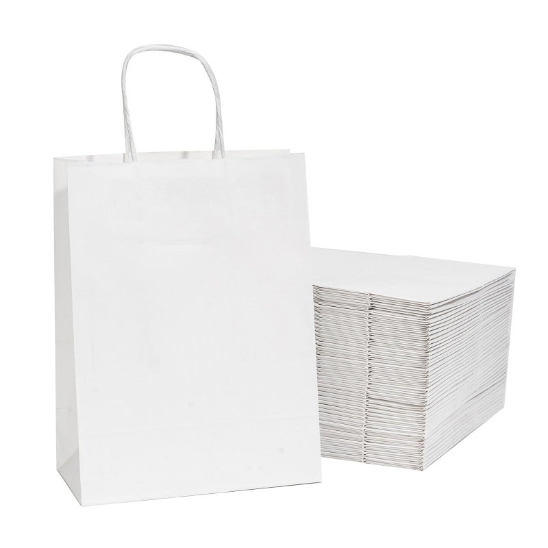 RACETOP White Paper Bags with Handles 8x45x108 Inch 25 Pcs Gift Bag Medium Size White Gift Bags with Handles Bulk for Retail Party Shopping Merchandise